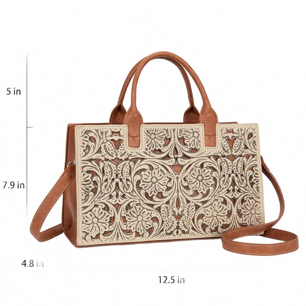 NEW TRINITY RANCH floral tooled leather western satchel tote bag in pan